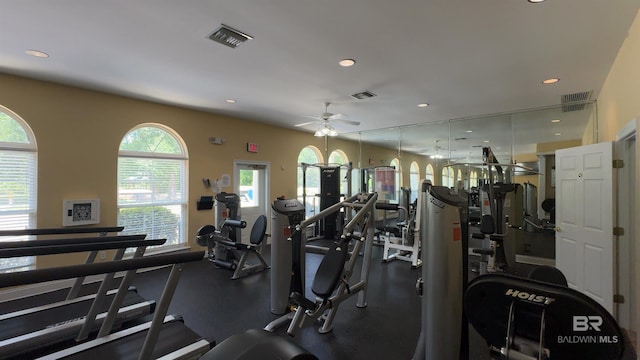 workout area featuring ceiling fan