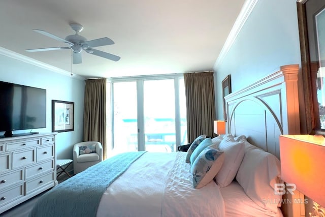 bedroom with ceiling fan and crown molding