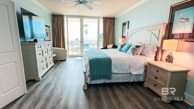 bedroom featuring dark wood-type flooring, expansive windows, access to outside, and crown molding