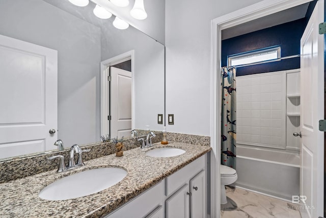 full bathroom featuring toilet, vanity, and shower / bath combo with shower curtain