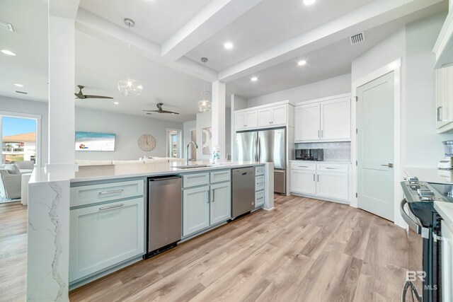 3238 Sea Horse Cir, Gulf Shores, AL 36542 - kitchen featuring a sink, beam ceiling, white cabinets, a ceiling fan, and stainless steel appliances
