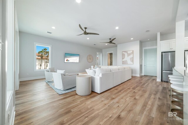 3238 Sea Horse Cir, Gulf Shores, AL 36542 - living area featuring ceiling fan, baseboards, visible vents, and light wood-style flooring