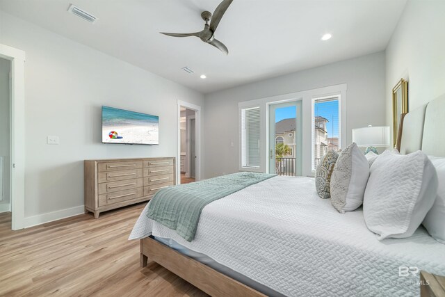 3238 Sea Horse Cir, Gulf Shores, AL 36542 - bedroom featuring visible vents, baseboards, ceiling fan, recessed lighting, and light wood-style flooring
