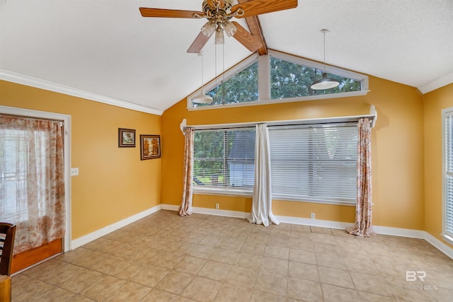 unfurnished room featuring ceiling fan, a textured ceiling, light tile patterned flooring, and vaulted ceiling with beams