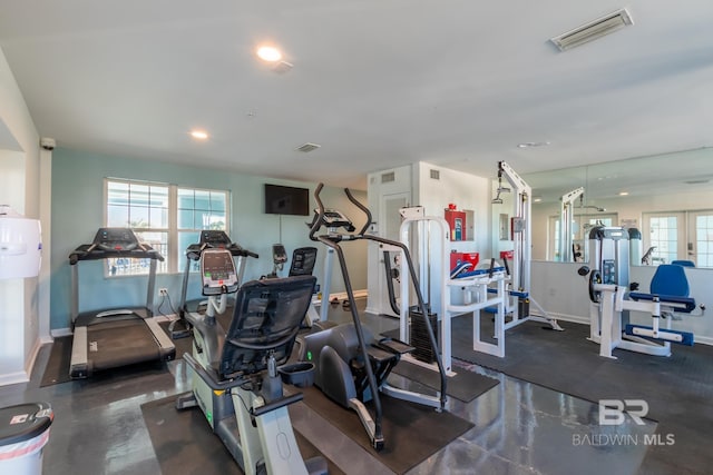 workout area featuring french doors