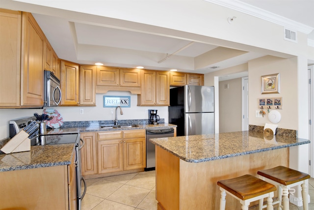 kitchen featuring kitchen peninsula, sink, a tray ceiling, a breakfast bar area, and stainless steel appliances