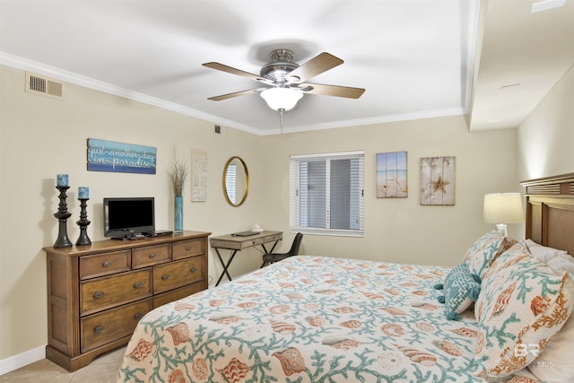 bedroom with light tile patterned flooring, ceiling fan, and ornamental molding