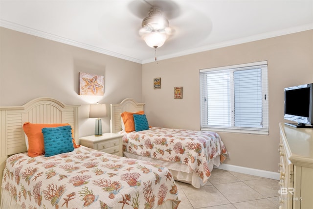 tiled bedroom featuring ceiling fan and ornamental molding