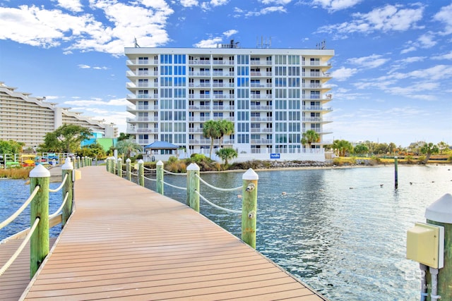 view of dock with a water view