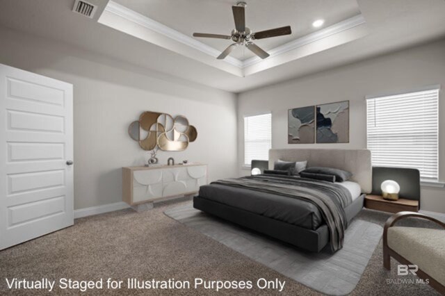 carpeted empty room featuring a tray ceiling, ceiling fan, and ornamental molding