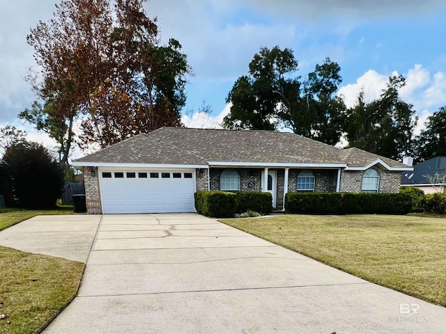 single story home with a garage and a front yard