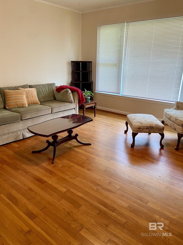 living room featuring a wealth of natural light, crown molding, and light hardwood / wood-style flooring