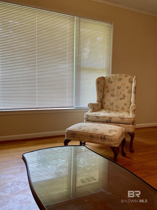 sitting room featuring crown molding and light hardwood / wood-style flooring