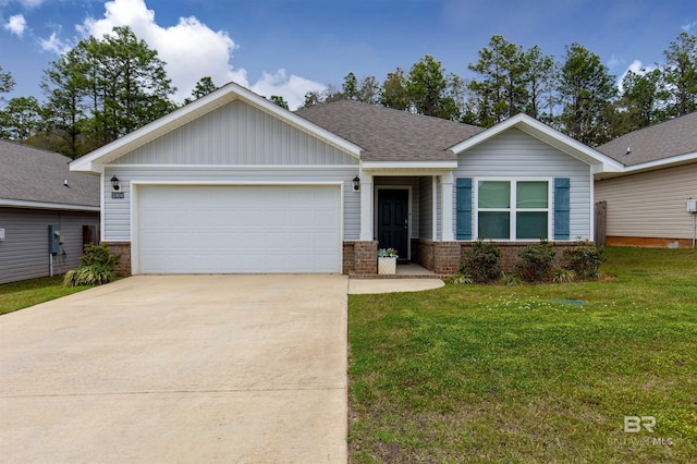 10804 Burlington Way, Mobile, AL 36608 - ranch-style house featuring brick siding, driveway, a front lawn, an attached garage, and board and batten siding