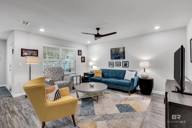 10804 Burlington Way, Mobile, AL 36608 - living room featuring a ceiling fan, wood finished floors, and recessed lighting