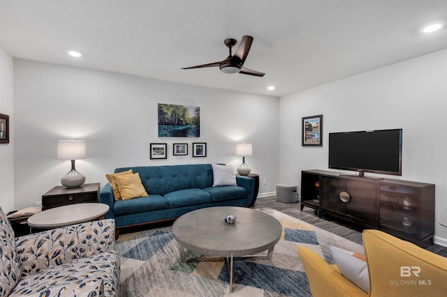10804 Burlington Way, Mobile, AL 36608 - living room with wood finished floors, a ceiling fan, and recessed lighting