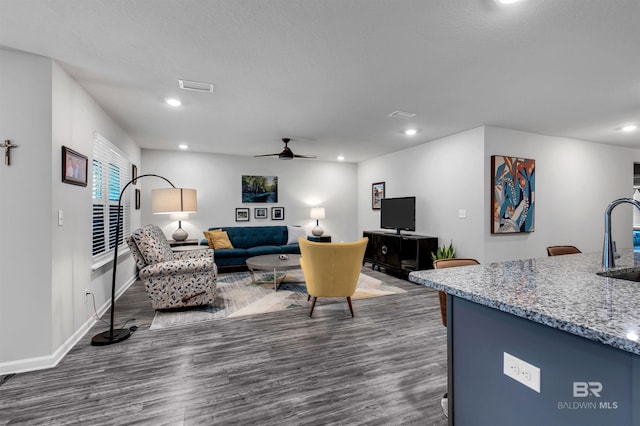 10804 Burlington Way, Mobile, AL 36608 - living room featuring ceiling fan, dark wood finished floors, and recessed lighting