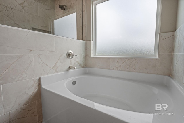 bathroom with separate shower and tub and tile walls