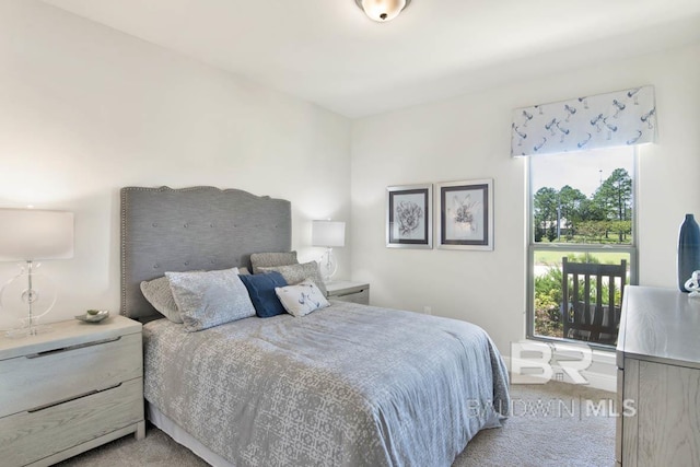 bedroom with light colored carpet