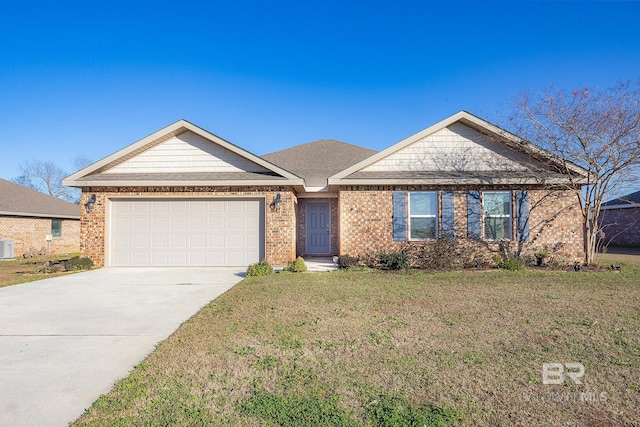 ranch-style house with a garage and a front yard