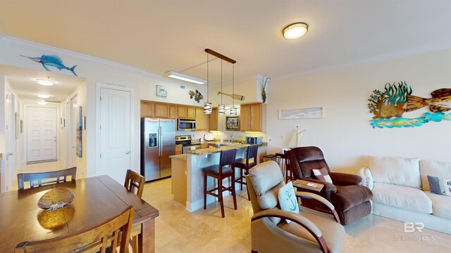 living room with crown molding