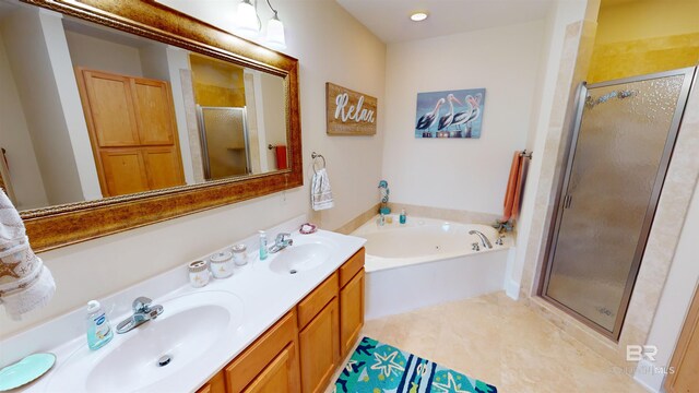 bathroom with vanity, plus walk in shower, and tile patterned floors