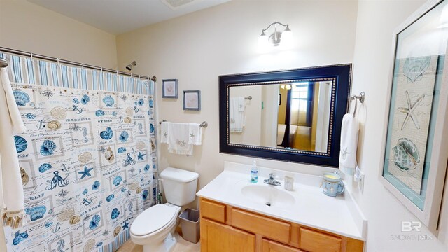 bathroom featuring vanity, toilet, and a shower with shower curtain