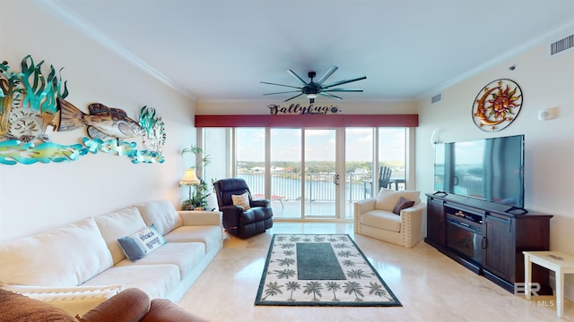 living room featuring crown molding and ceiling fan