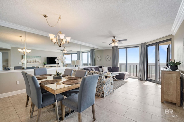 dining space with ornamental molding, a textured ceiling, and light tile patterned floors