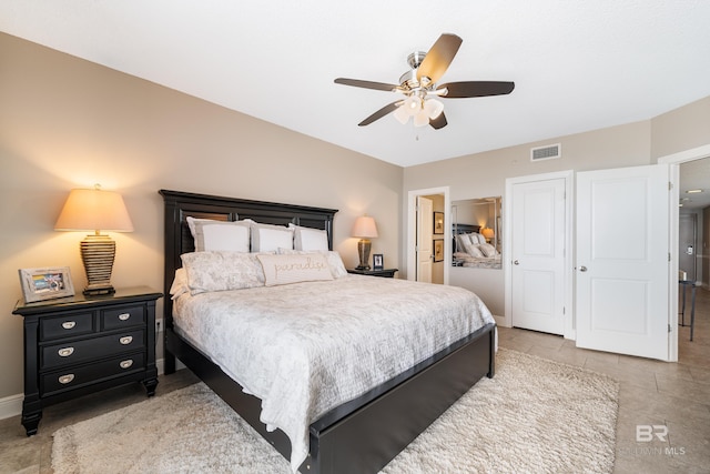 bedroom with ceiling fan and a closet