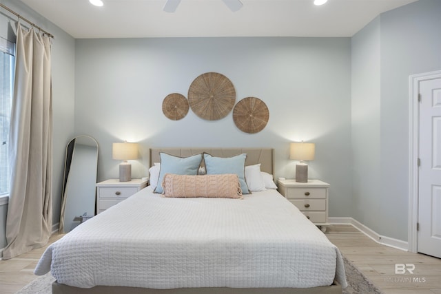 bedroom featuring recessed lighting, baseboards, ceiling fan, and light wood finished floors