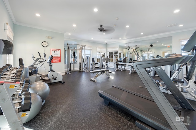 exercise room with recessed lighting, visible vents, crown molding, and ceiling fan