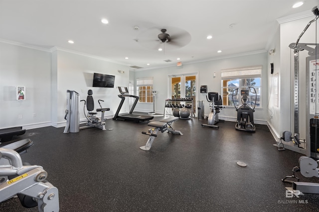 workout area with recessed lighting, crown molding, baseboards, and ceiling fan