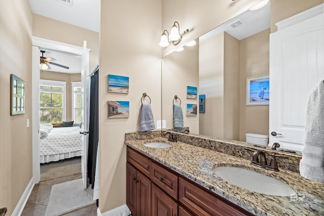 bathroom featuring ceiling fan, tile patterned flooring, vanity, and toilet