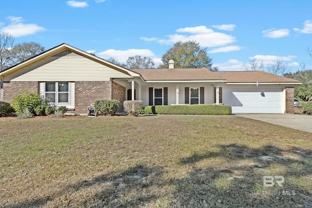 single story home featuring a front yard, a porch, and a garage