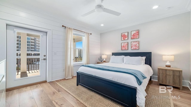 167 E J Cir, Gulf Shores, AL 36542 - bedroom featuring wood finished floors, crown molding, a ceiling fan, recessed lighting, and access to outside