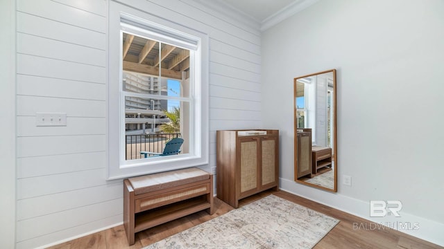 167 E J Cir, Gulf Shores, AL 36542 - corridor with crown molding, wood finished floors, baseboards, and wooden walls