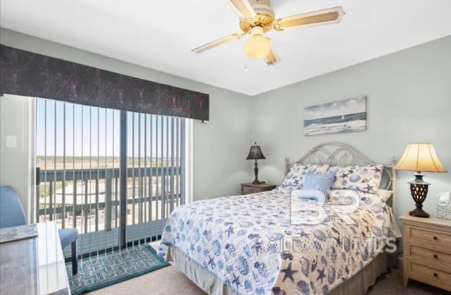 bedroom featuring ceiling fan, carpet, and access to outside