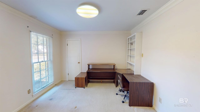 office space featuring carpet floors, visible vents, ornamental molding, and baseboards