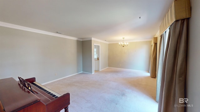 interior space featuring visible vents, baseboards, light colored carpet, crown molding, and a notable chandelier