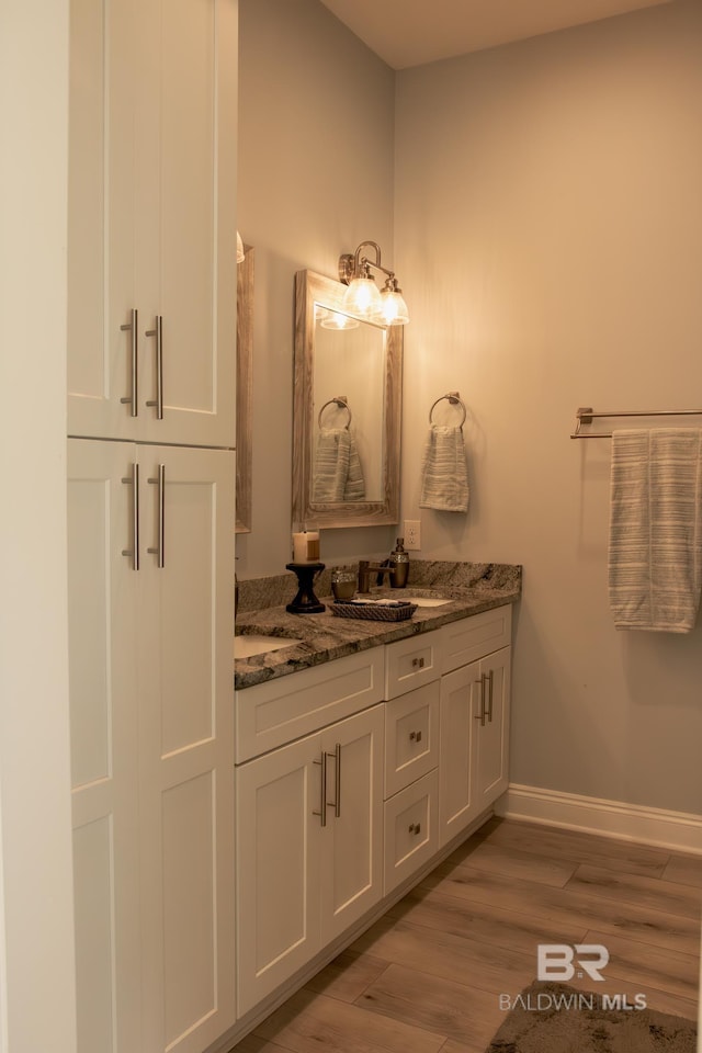 bathroom featuring hardwood / wood-style flooring and dual vanity