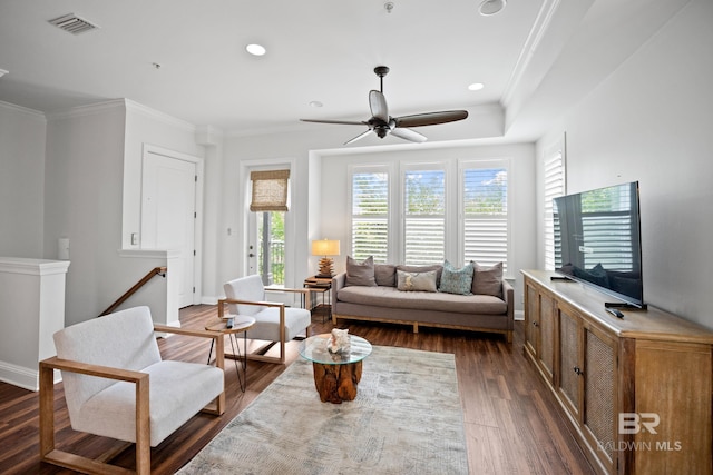 4672 Grander Ct Unit 15B, Orange Beach, AL 36561 - living area featuring dark wood-style floors, ornamental molding, ceiling fan, recessed lighting, and baseboards