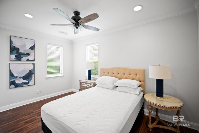 4672 Grander Ct Unit 15B, Orange Beach, AL 36561 - bedroom featuring crown molding, dark wood finished floors, baseboards, recessed lighting, and a ceiling fan