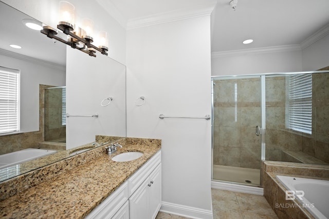 4672 Grander Ct Unit 15B, Orange Beach, AL 36561 - bathroom with a stall shower, vanity, a garden tub, crown molding, and tile patterned flooring
