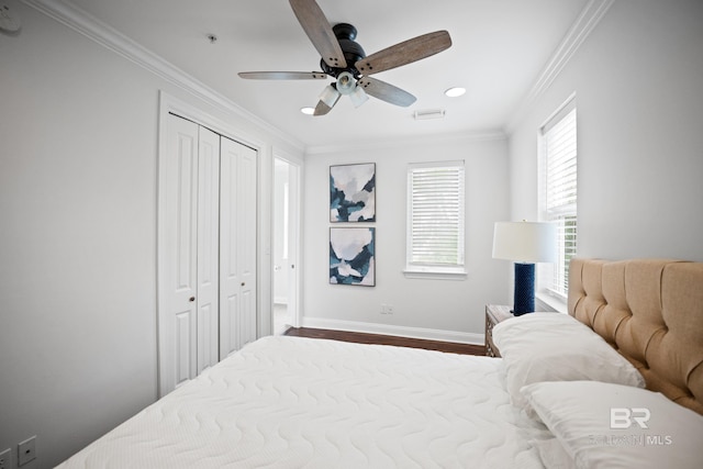 4672 Grander Ct Unit 15B, Orange Beach, AL 36561 - bedroom featuring wood finished floors, ornamental molding, baseboards, a closet, and recessed lighting