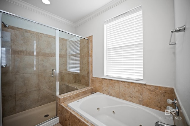4672 Grander Ct Unit 15B, Orange Beach, AL 36561 - bathroom featuring a stall shower, a jetted tub, and ornamental molding