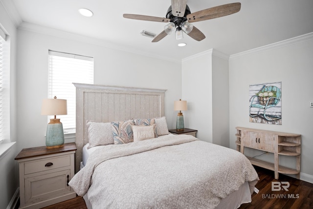 4672 Grander Ct Unit 15B, Orange Beach, AL 36561 - bedroom featuring dark wood-style floors, ornamental molding, baseboards, recessed lighting, and ceiling fan