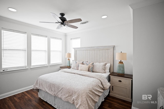 4672 Grander Ct Unit 15B, Orange Beach, AL 36561 - bedroom with dark wood finished floors, baseboards, crown molding, recessed lighting, and ceiling fan
