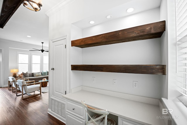 4672 Grander Ct Unit 15B, Orange Beach, AL 36561 - office with built in desk, recessed lighting, dark wood finished floors, ceiling fan, and ornamental molding