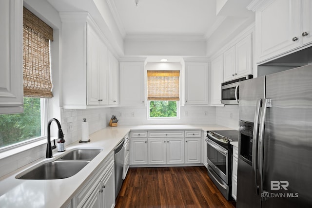4672 Grander Ct Unit 15B, Orange Beach, AL 36561 - kitchen featuring appliances with stainless steel finishes, a sink, white cabinetry, dark wood finished floors, and crown molding